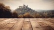 Empty wooden table for product display background, banner and product advertisement mock up with a beautiful castle on a hill behind, AI generated