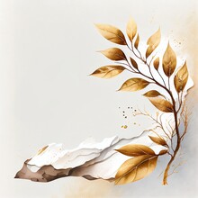 Luxurious Background With Golden Branch On Marble. A Painting Of A Plant With Gold Leaves On It. Generative AI.