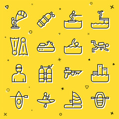 Poster - Set line Boat with oars, Winner podium, Scuba diver, Water skiing man, Jet, Flippers for swimming, Kitesurfing and Swimmer icon. Vector