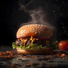 Wall Mural - Big tasty cheeseburger with beef, cheese and vegetables on dark background