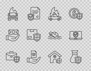 Sticker - Set line Briefcase with shield, Money bag, Burning car, Contract hand, Delivery security, House and Insurance online icon. Vector