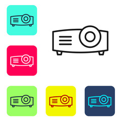 Poster - Black line Presentation, movie, film, media projector icon isolated on white background. Set icons in color square buttons. Vector