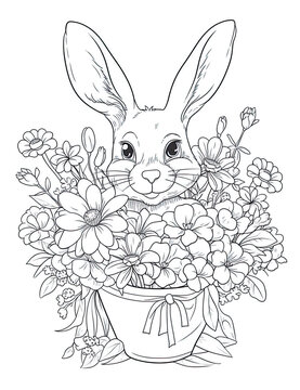 A bunny with flowers in a vase. AI generative.