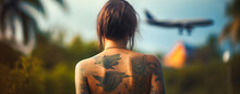 A Woman Watches An Airplane Depart On Her Vacation Spot, Representing Departure, Travel And The Freedom Of Being Nude On Holiday. Generative AI