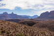 Panoramic aerial view from Bright Angel hiking trail on the way to Plateau Point at South Rim of Grand Canyon National Park, Arizona, USA. Unique rock formations of Buddha Temple and Cheops Pyramid
