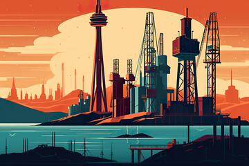 Wall Mural - An illustration of oil rigs in a city. AI generative.