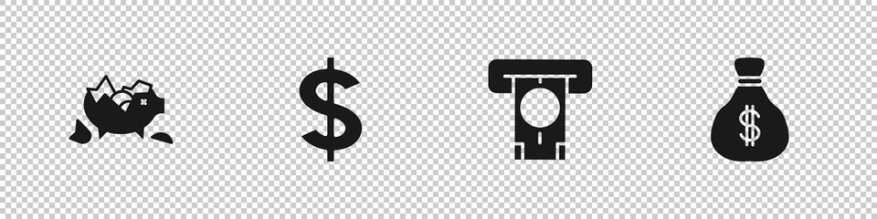 Wall Mural - Set Broken piggy bank, Dollar symbol, ATM and money and Money bag icon. Vector