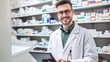 Pharmacist smiling while holding a tablet in a drug store. Generative AI.
