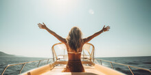 A Young Blonde Woman Enjoys A Boat Trip And Feels Joy As She Raises Her Arms. She Looks Out Over The Turquoise Summer Ocean From Her Luxurious Cruise. Generative AI