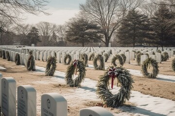 Wall Mural - Wreaths and tombstones in Arlington cemetery, DC. Generative AI