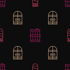 Poster - Set line Quiver with arrows, Medieval castle gate and Wooden barrel on seamless pattern. Vector