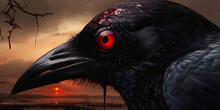A Carnivorous Raven, With Red Eyes Vibrating With Fright; Detailed Profile Of Its Beak Full Of Blood After The Fight. An Intense Image To Illustrate Cruelty And Aggressiveness. Generative AI