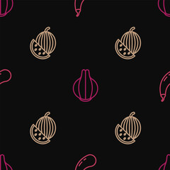 Poster - Set line Eggplant, Watermelon and Onion on seamless pattern. Vector