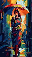 Wall Mural - Woman walking in the city in the rain with an umbrella. Generative AI