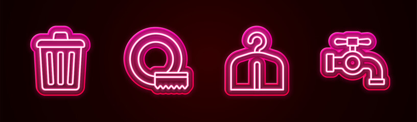 Poster - Set line Trash can, Washing dishes, Hanger wardrobe and Water tap. Glowing neon icon. Vector