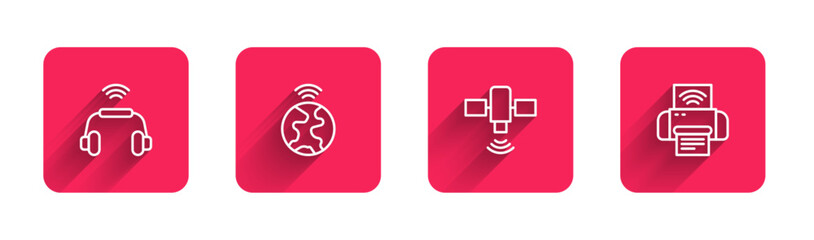 Poster - set line smart headphones system, global technology, satellite and printer with long shadow. red squ