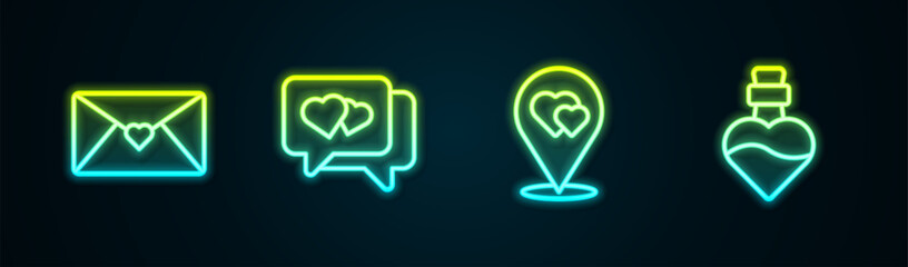 Sticker - Set line Envelope with Valentine heart, Heart speech bubble, Location and Bottle love potion. Glowing neon icon. Vector