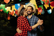 Brazilian Couple Wearing Traditional Clothes For Festa Junina - June Festival - Dancing Under The Night Sky