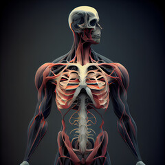 Wall Mural - 3D illustration of human skeleton anatomy with muscle maps over dark background