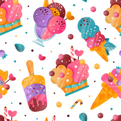 Sticker - Ice-cream with Frozen Confection and Sweet Dessert Vector Seamless Pattern Template