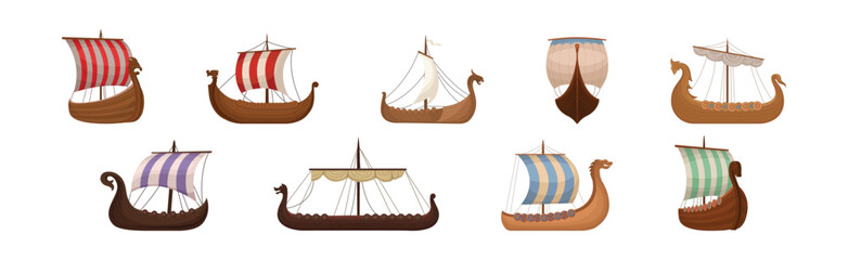 Wall Mural - scandinavian marine vessels or viking ship with dragon head vector set