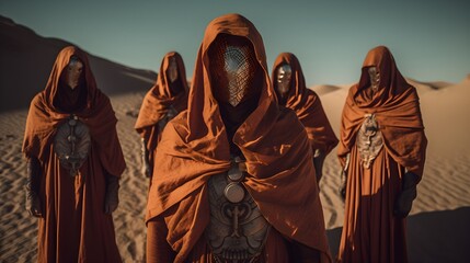 A group wearing a robe and ornate jewelry in the desert wasteland