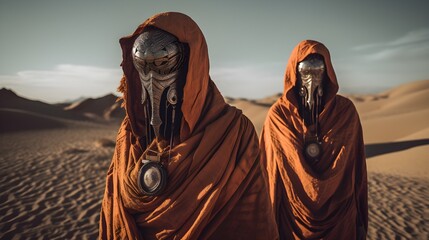 A group wearing a robe and ornate jewelry in the desert wasteland