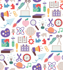  Back to school. pattern seamless of stationery for studying at school. education kids accessory. print object stuff design. graphic wallpaper element children study. background vector illustration