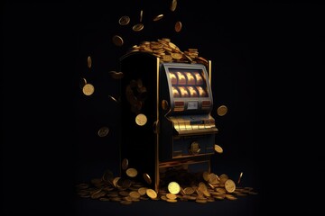 Slot machine illustration. Jackpot poker golden slot machine. Gambling gold prize fortune vector concept. Illustration of game machine, gaming casino. AI Generative