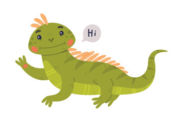 Canvas Print - Funny Green Iguana Character with Scales Saying Hi Waving Paw Vector Illustration