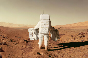 Poster - Spaceman astronaut in a space suit with equipment goes through the desert with stones and mountains on the red planet Mars. Colonization new planet, concept. Journey to Mars, creative idea