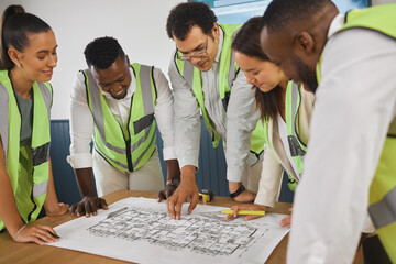 Poster - Closeup of a happy diverse multiracial group of architect colleagues analyzing a blueprint design on a building and discussing plans for the next project. Team of young and senior designers working on