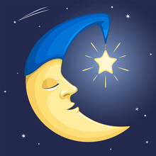 Vector Illustration Of A Cartoon Moon Wearing An Old-fashioned Sleeping Cap With A Starry Nightlight Against A Dark Night Sky.
