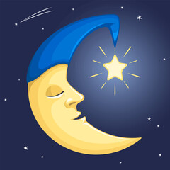 vector illustration of a cartoon moon wearing an old-fashioned sleeping cap with a starry nightlight
