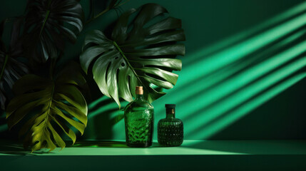 Wall Mural - Summer tropical leaf with shadow on a green wall. Product display mockup scene. Generative ai