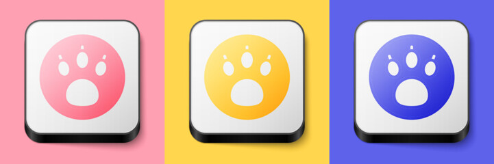 Sticker - Isometric Paw search icon isolated on pink, yellow and blue background. Magnifying glass with animal footprints. Square button. Vector