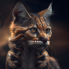 Wall Mural - Fantasy portrait of a wild cat on a dark background. Digital painting.