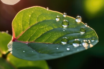 Wall Mural - Beautiful water drops sparkle in sun on leaf in sunlight, macro. Big droplet of morning dew outdoor, beautiful round bokeh. Amazing artistic image of purity of nature