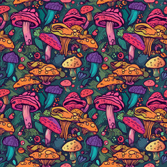 Happy Mushrooms seamless pattern design, Psychedelic Decorative in Neon Colors
