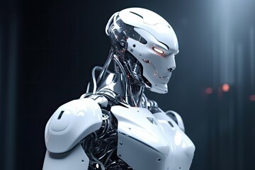 Poster - futuristic robot standing in a dimly lit room. Generative AI