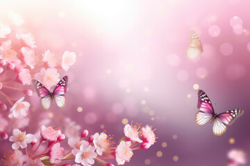 Beautiful gentle spring light background image in pink pastel colors with fluffy small flowers and a group of butterflies fluttering over flowers 
