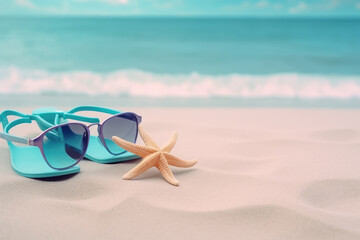 Beautiful colorful background for summer beach holiday. Sunglasses, starfish, turquoise flip-flops on sandy tropical beach against blue sky with clouds on bright sunny day