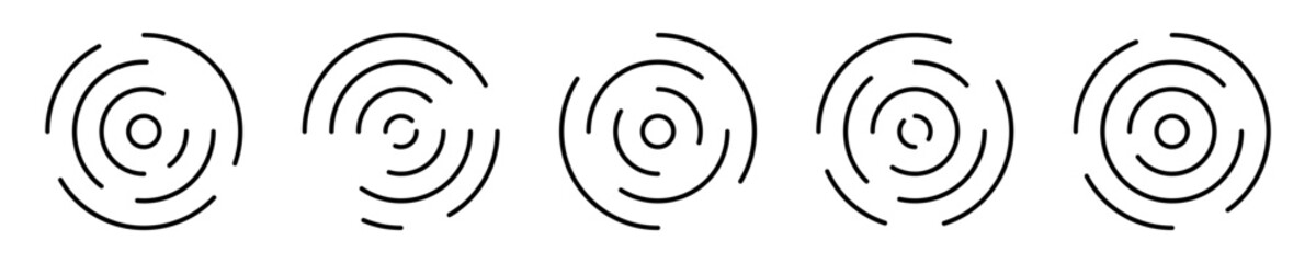 Set of circular ripple icons. Concentric circles with intermittent lines isolated on white background. Vortex, sonar wave, soundwave, sunburst, signal symbols