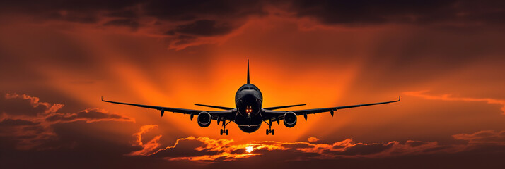 Airplane flying over spectacular sunset sky light, Passengers Jet plane in dramatic clouds. Travel and Tourism Concept 