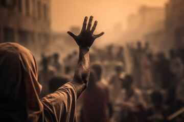 hands of people and crowd of people crowds reach for the wooden cross of jesus Christ. Generative AI