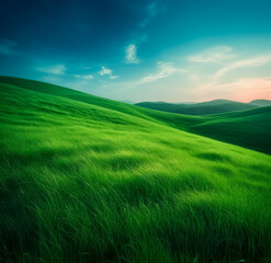 Wall Mural - Green field with sky and clouds, in the style of windows xp, smooth curves, serene landscapism. Generative AI. 
