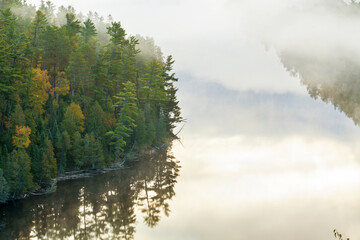 Wall Mural - high angle view of boundary waters lake and trees in morning fog in northern minnesota during autumn