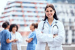 © C Coetzee/peopleimages.com - Portrait of proud young doctor with her arms crossed outside with her coworkers in the background. Strong, confident, leading medical professional taking a break from the hospital to get fresh air