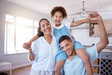 Wall Mural - When you love what you have, you have everything you need. Portrait of a little girl bonding with her parents at home.