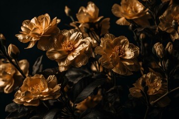 Wall Mural - Golden blooms set against dark, blank background. Plenty of space for text or image overlay. Generative AI